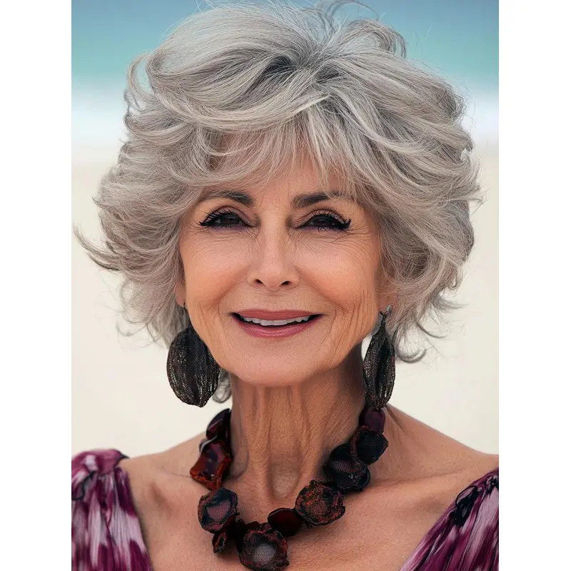 Short Pixie Grey Wigs 8" With Bangs Wavy Lace Front Wigs