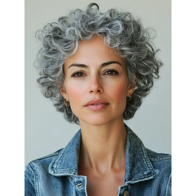Silver Grey Real Hair Wigs Layered Lace Front Short Curly Wigs