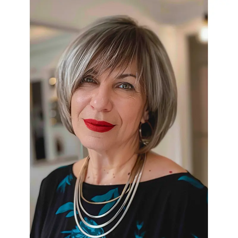 Womens Grey Wigs Monofilament Chin Length Bobs 10" Straight Synthetic Wigs