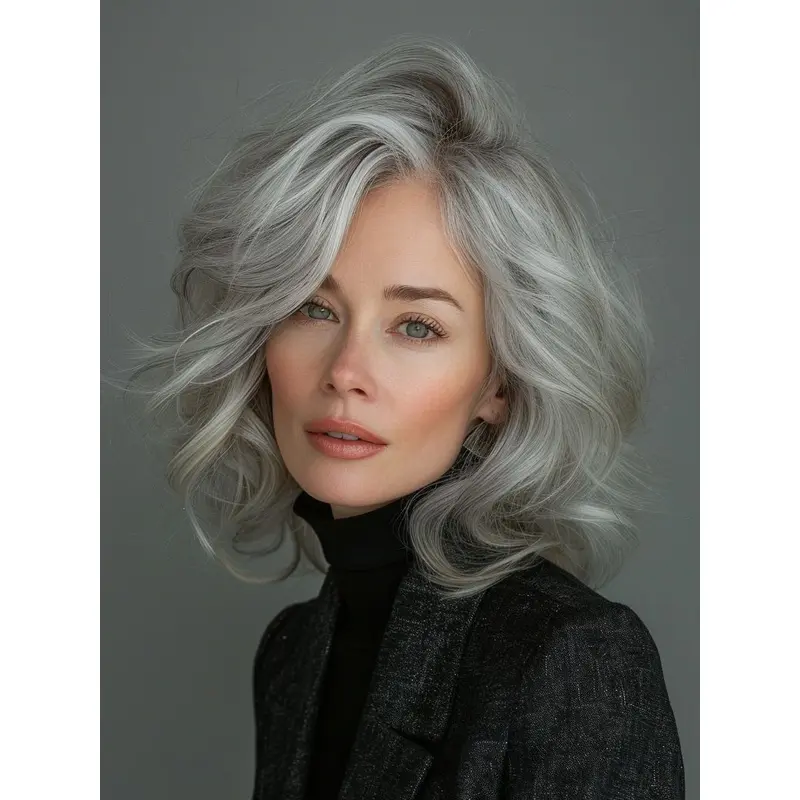 Grey Bob Wig Human Hair 14" Lace Front Shoulder Length Wavy Wigs