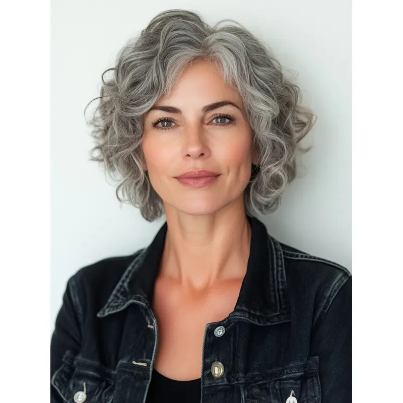 Lace Wigs Grey Remy Human Hair Curly Layered Chin Length Wigs