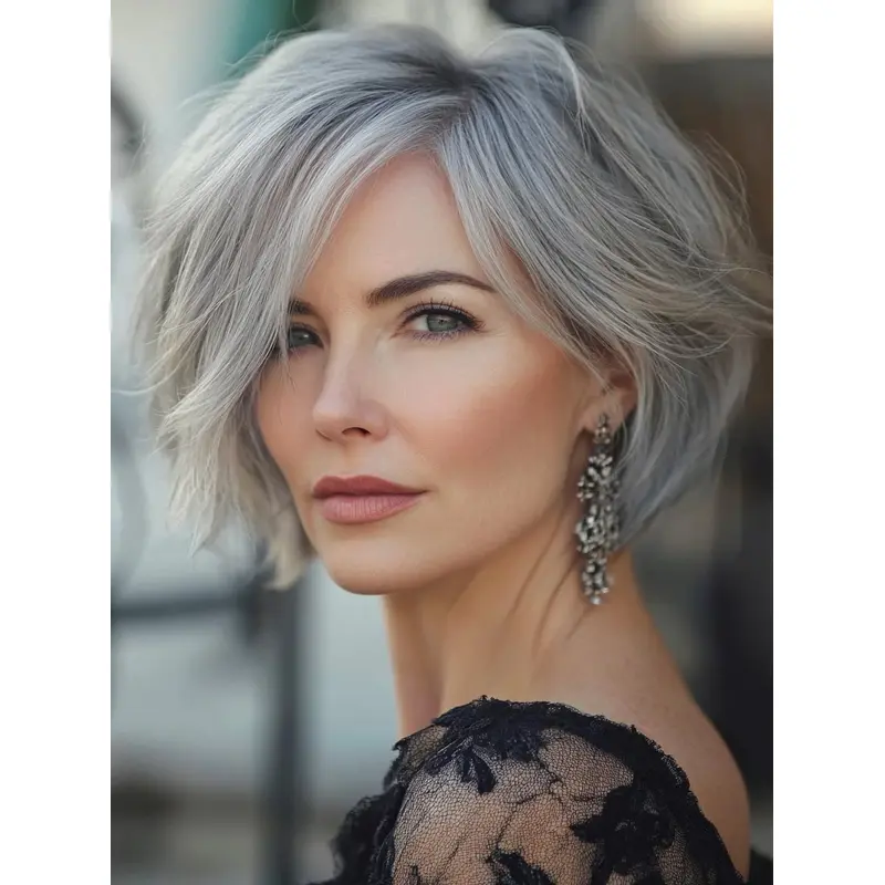 Short Silver Grey Wig 8" Bobs Wavy Monofilament Wigs