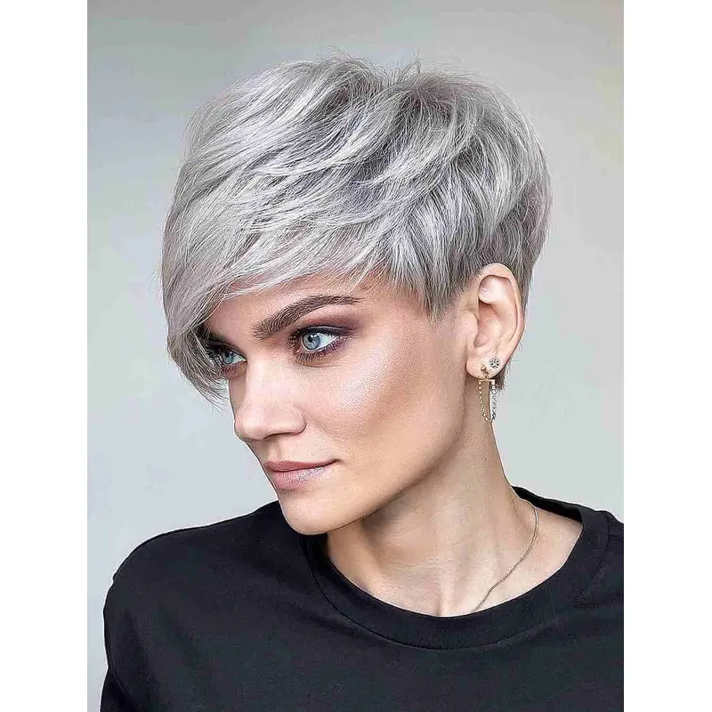 Short Synthetic Wigs Grey Wig Wavy Fashionable Cropped Short Wigs With Bangs