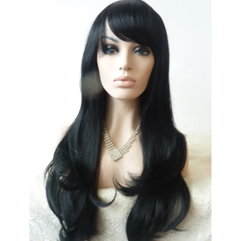 With Bangs 23" Wavy Black Long Lace Front Synthetic Wigs