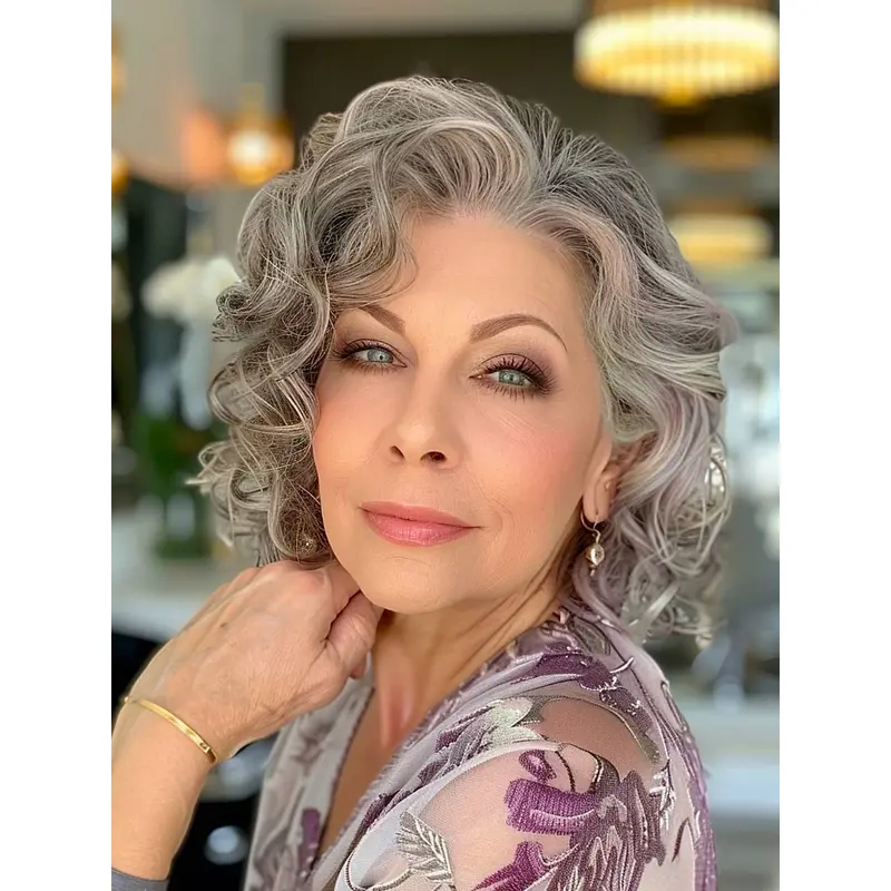 Curly Grey Wig Monofilament Remy Human Hair Bobs Shoulder Length 12" Wigs