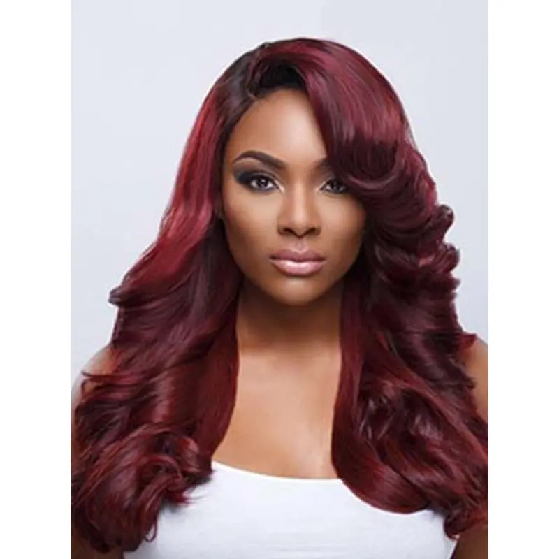 Dark Red Long Wavy With Wavy Bangs Charming Lace Front Wigs