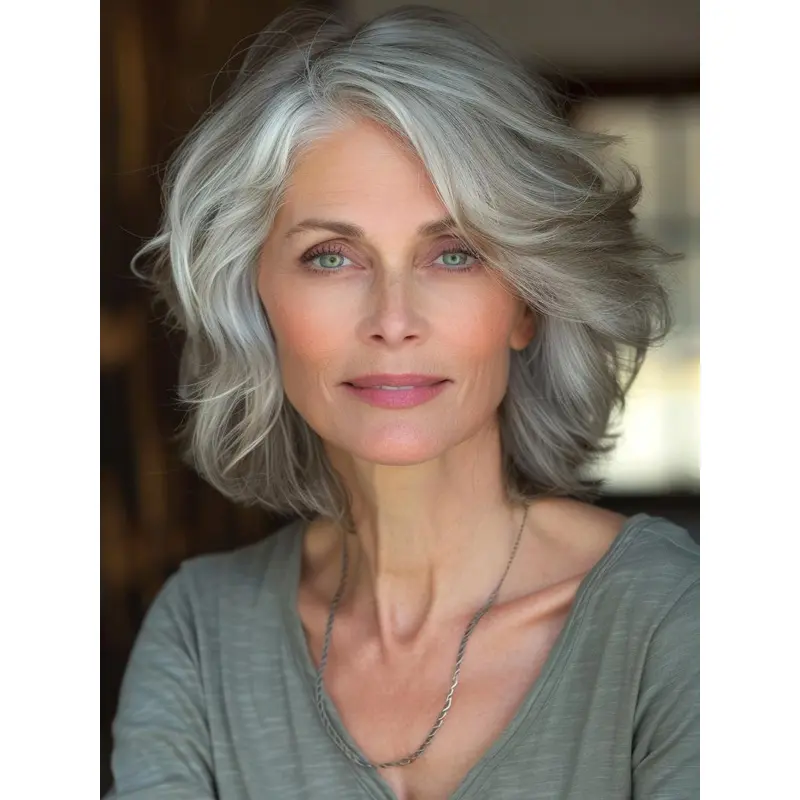 Grey Ladies Wigs 10" Wavy Chin Length Remy Human Hair Wigs