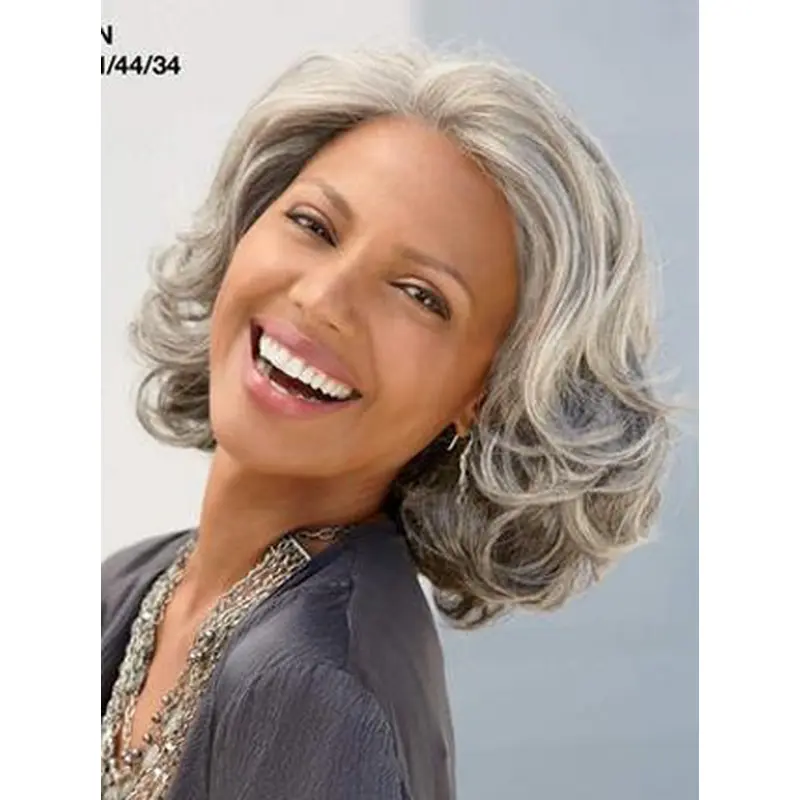Grey Lady Chin Length Wavy Good-looking Human Wigs
