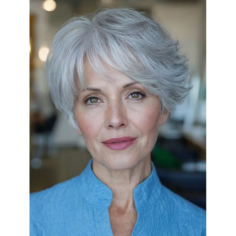 Short Grey Wigs For Older Ladies Monofilament With Bangs 6" Wavy Wigs