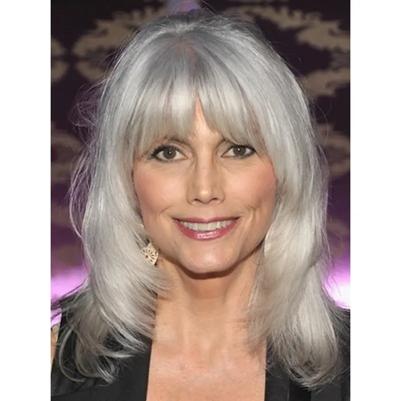 Silver Lady Shoulder Length Wavy With Bangs Synthetic Wigs