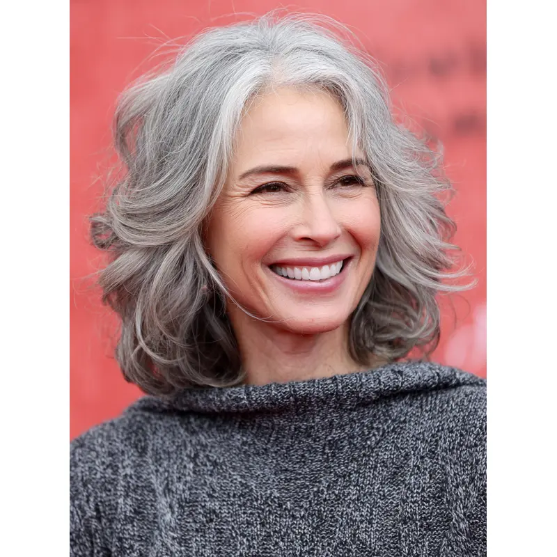 Grey Hair Wigs Human Layered Lace Front Shoulder Length Wavy Wigs