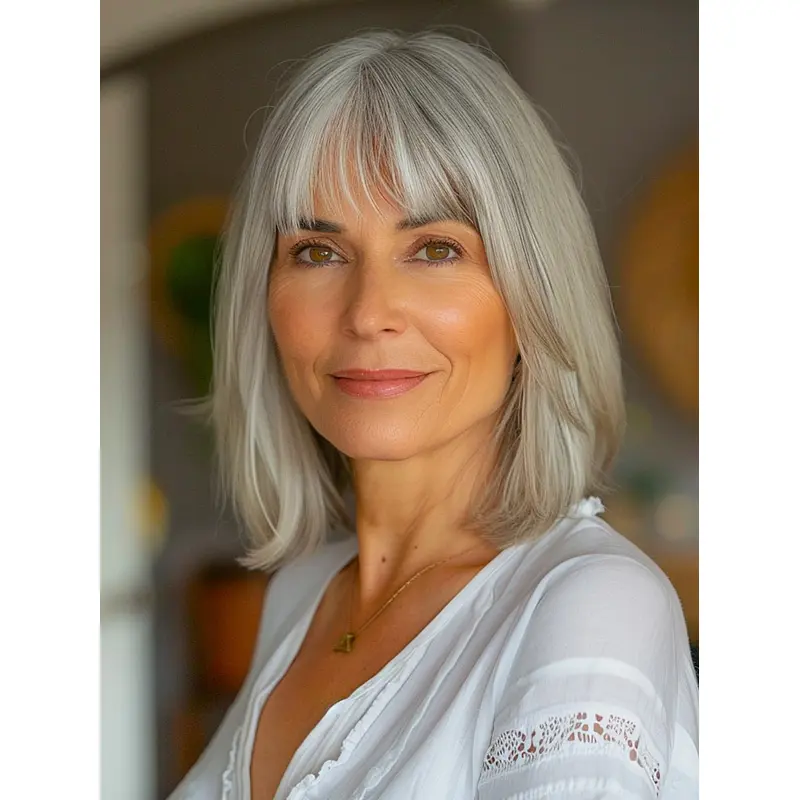 Long Bob Grey Wig 12" Straight Layered Shoulder Length Wigs