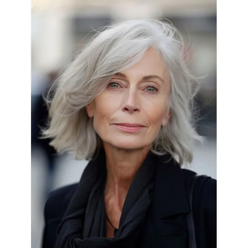 Wigs For Grey Hair Bobs Straight 12" Shoulder Length Remy Human Hair Lace Front Wigs