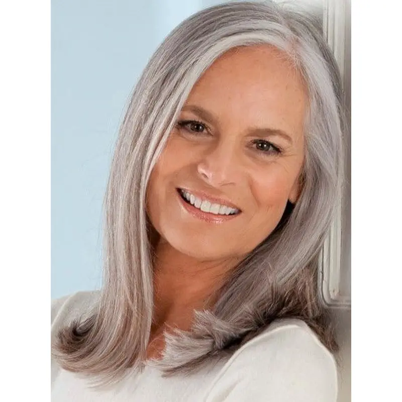 14" Shouder Length Straight Lady Wigs Hand Tied Grey