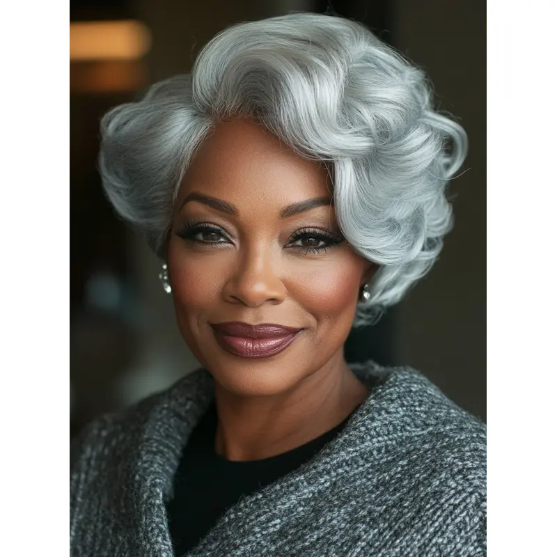 African American Grey Wigs Layered Short Wavy Wigs