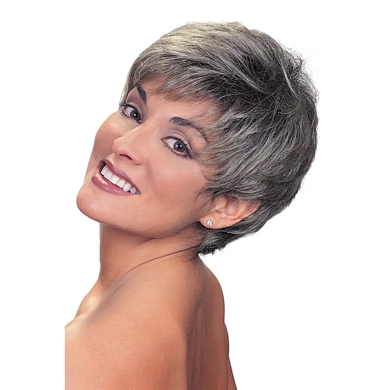 Designed Straight Cropped Synthetic Grey Wigs