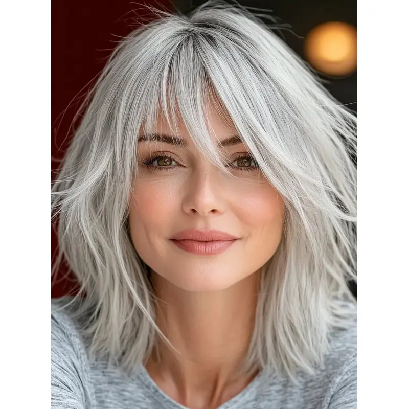Grey Hair Medium Length Wigs Human Hair 14" With Bangs Wigs