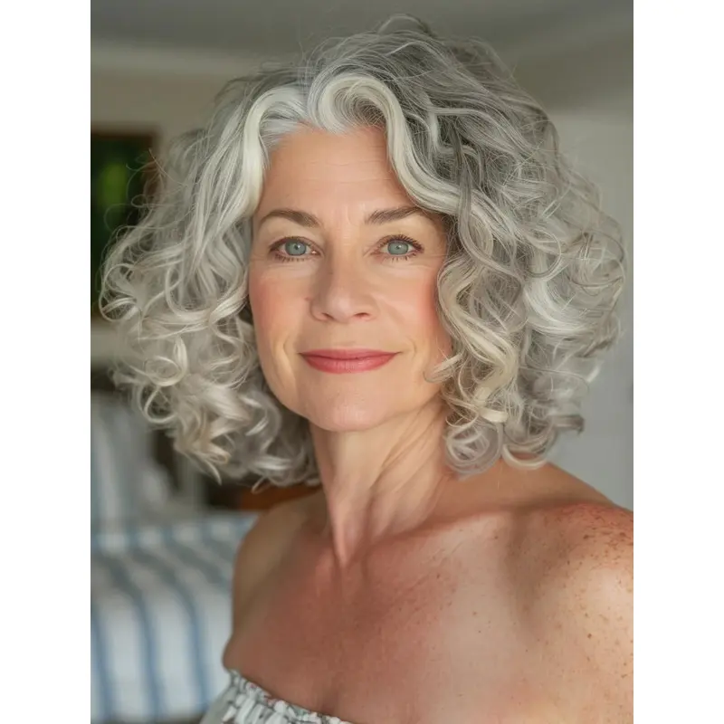 Silver Grey Wigs Sale Shoulder Length Curly Layered Synthetic Wigs