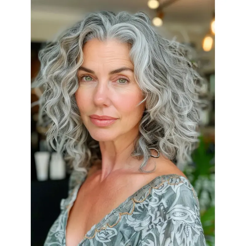 Grey Human Hair Wigs Women 14" Curly Shoulder Length Lace Front Wigs