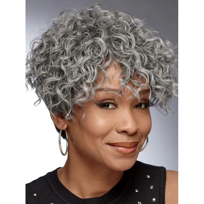 Short Pixie Cut Wigs For African American Human Hair 6" Monofilament Grey Wigs