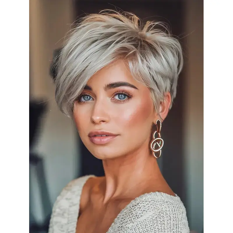 Short Human Hair Wig Monofilament Boycuts Silver 6" Straight Wigs