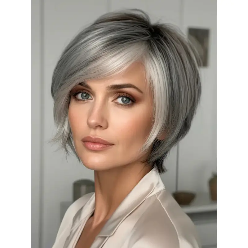 Silver Grey Human Hair Wigs Short With Bangs 8" Straight Wigs