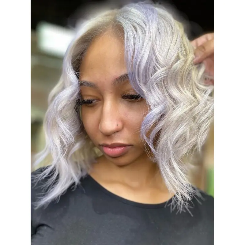 Silver Grey Human Hair Wigs Shoulder Length Bobs Monofilament 12" Wavy Wigs