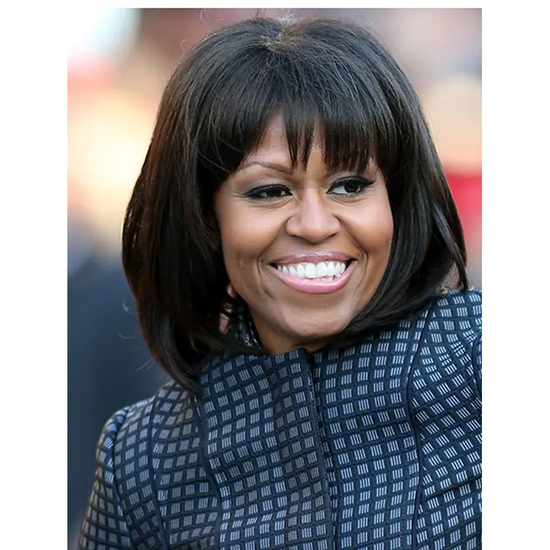 Straight Black Lace Front Chin Length With Bangs Michelle Obama Wigs