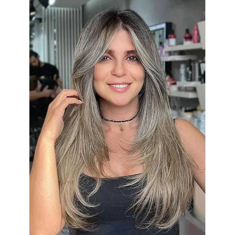 18" Monofilament Layered Long Grey Hair Wig