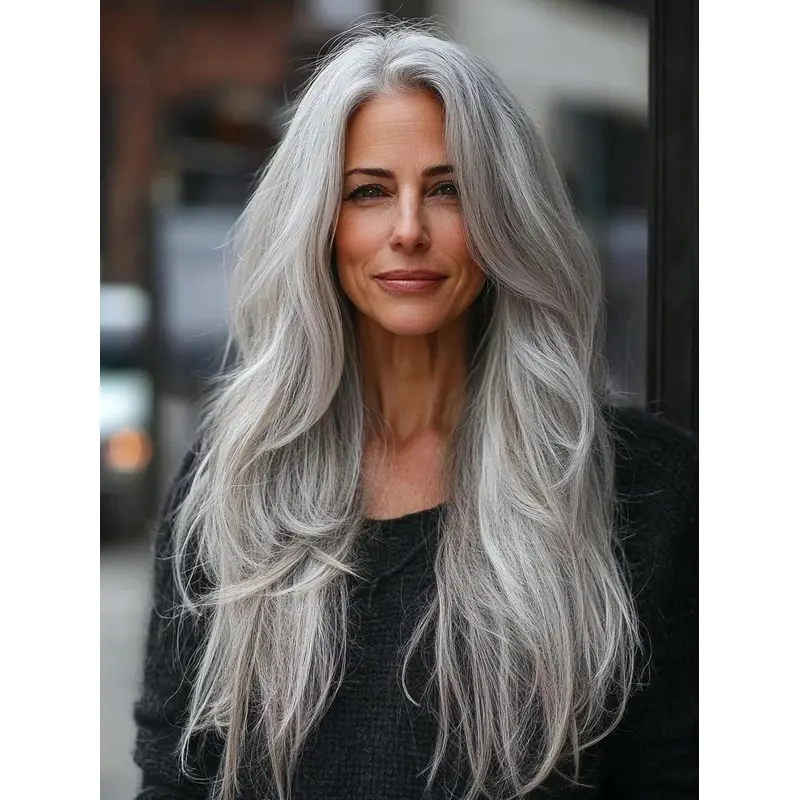 Ladies Grey Wigs 24" Layered Lace Front Synthetic Long Wigs