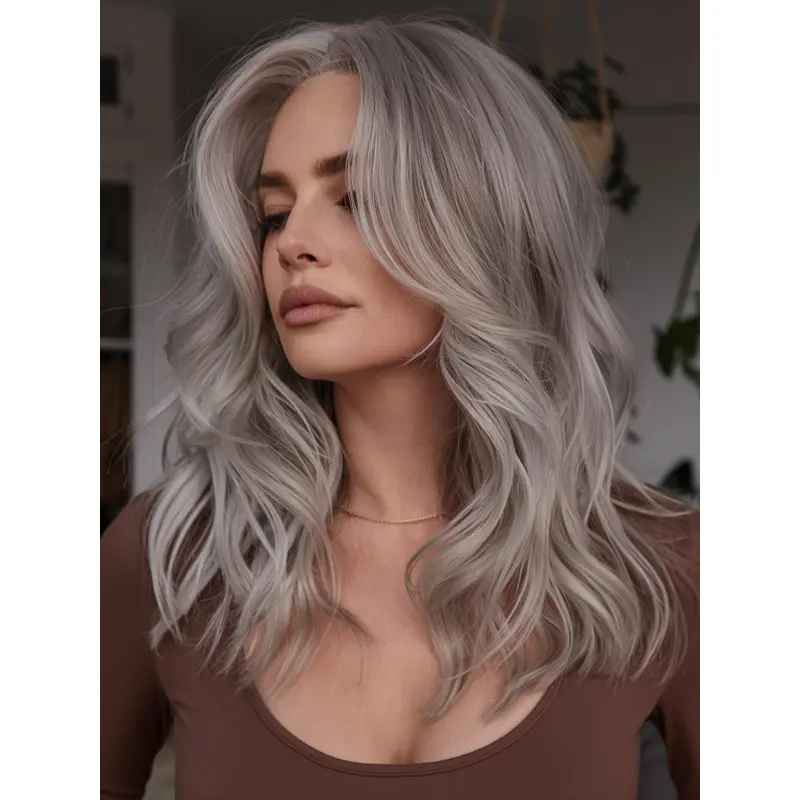 Long Grey Wig Human Hair 16" Monofilament Layered Wigs