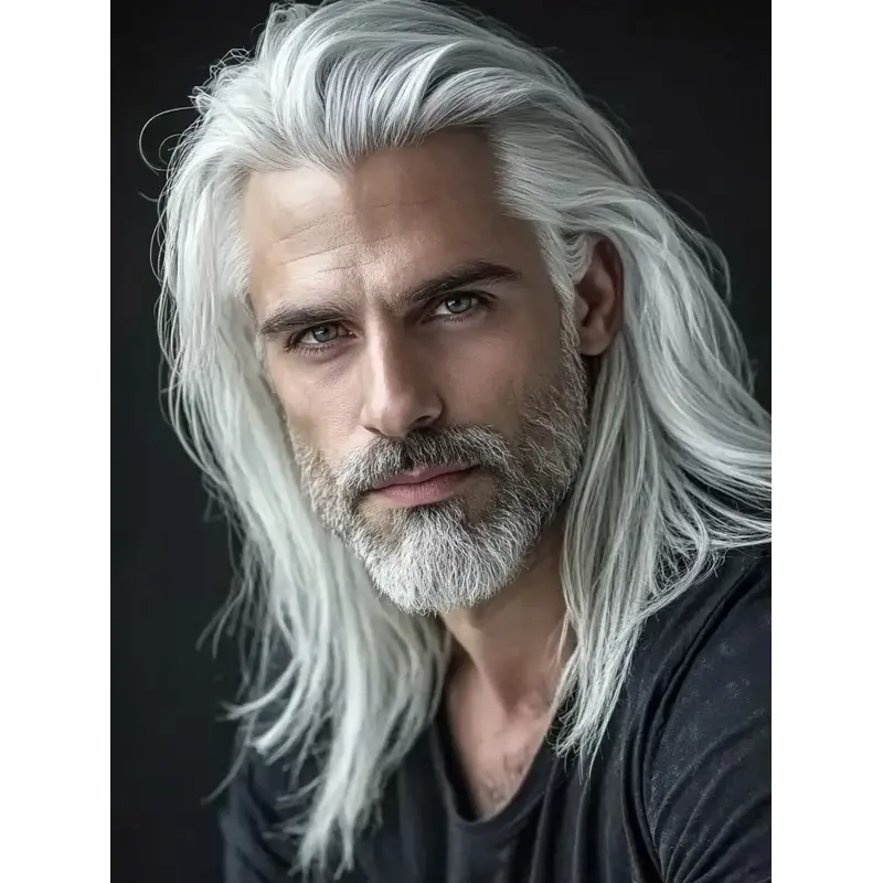Mens Long Wig Silver Straight 16" Synthetic Wigs