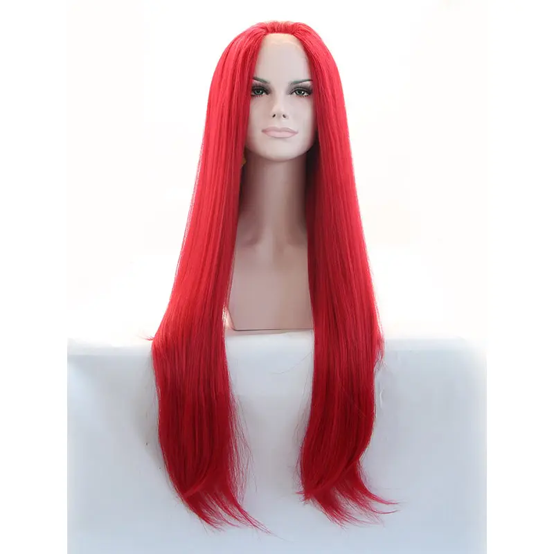 Without Bangs Red 33" Straight Long Lace Front Synthetic Wigs