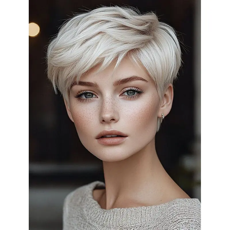 Womens Short Wigs Silver 6" Synthetic Straight Boycuts Lace Front Wigs