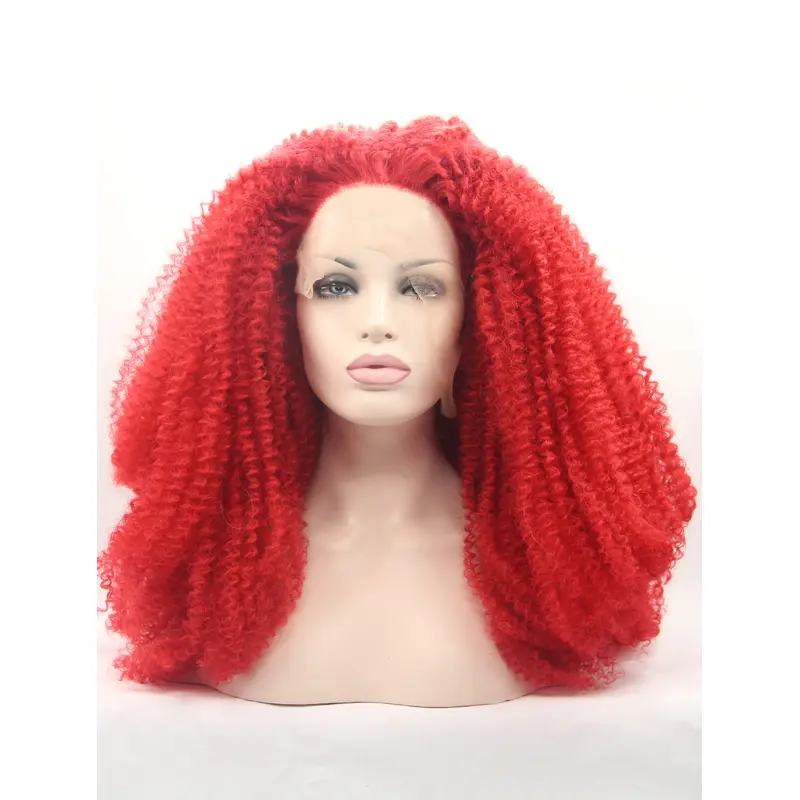18" Kinky Red Without Bangs Synthetic Long Lace Front Wigs
