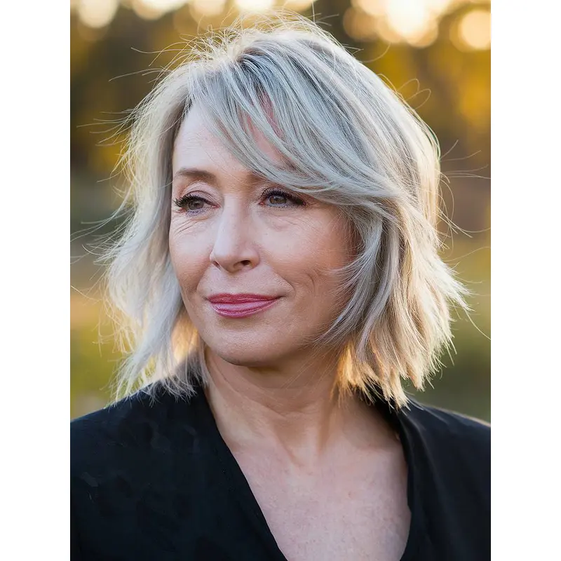 Ash Grey Bob Wig 10" Wavy With Bangs Chin Length Wigs