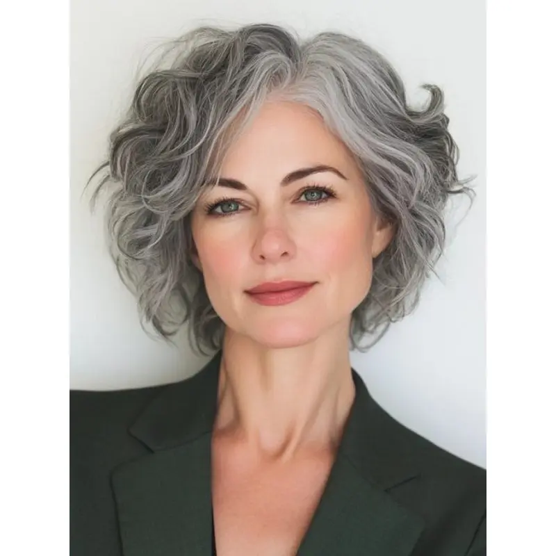 Grey Lace Wig Remy Human Hair Curly Layered Chin Length Wigs