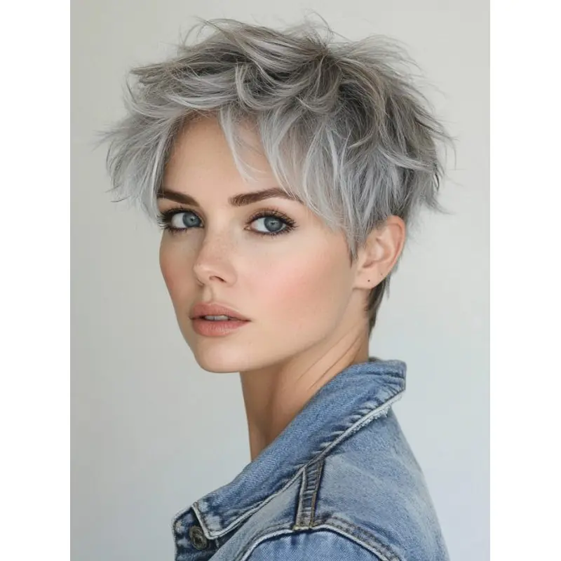 Grey Lace Front Wigs Synthetic Wavy Boycuts Cropped Wigs