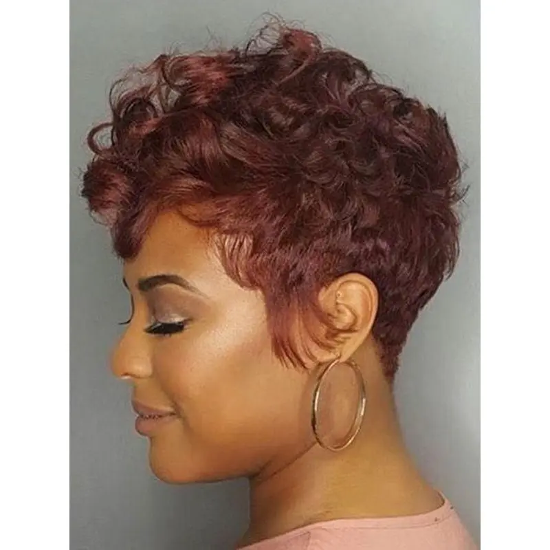 Human Hair Pixie Wigs For African American Curly 4" Monofilament Wigs