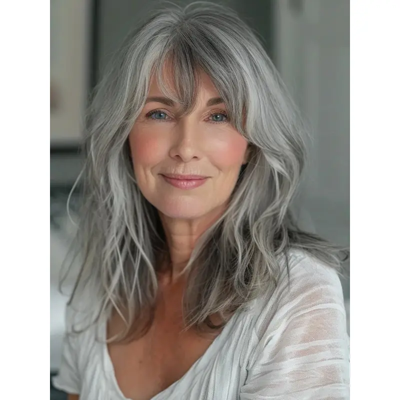 Human Hair Wigs Grey Color With Bangs Wavy Lace Front Wigs