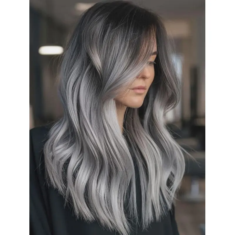 Long Grey Silver Wigs 22" Without Bangs Wavy Remy Human Hair Wigs