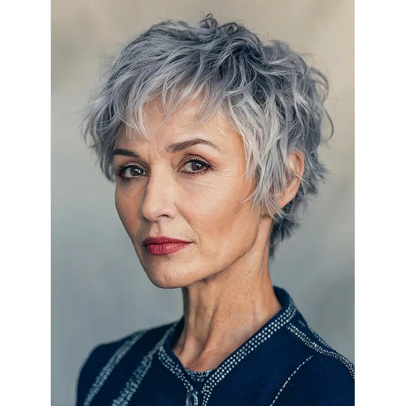 Grey Pixie Cut Wig Monofilament With Bangs 6" Wavy Wigs