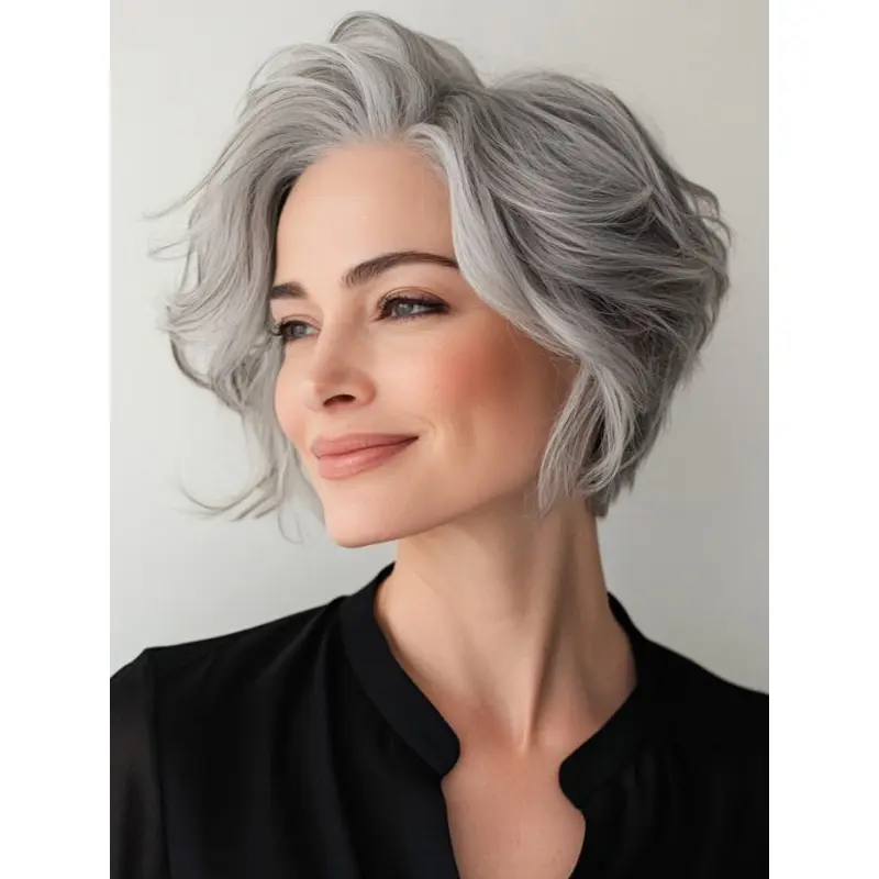 Human Hair Wig Grey Layered Monofilament Short Wavy Wigs