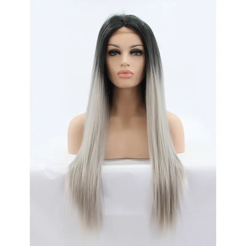 Long Ombre/2 Tone Without Bangs 28" Lace Front Straight Synthetic Wigs