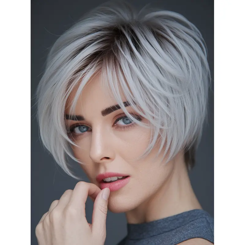 Short Grey Bob Wig 6" Lace Front Layered Synthetic Wigs