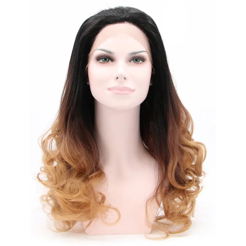 23" Curly Ombre/2 Tone Without Bangs Synthetic Lace Front Long Wigs