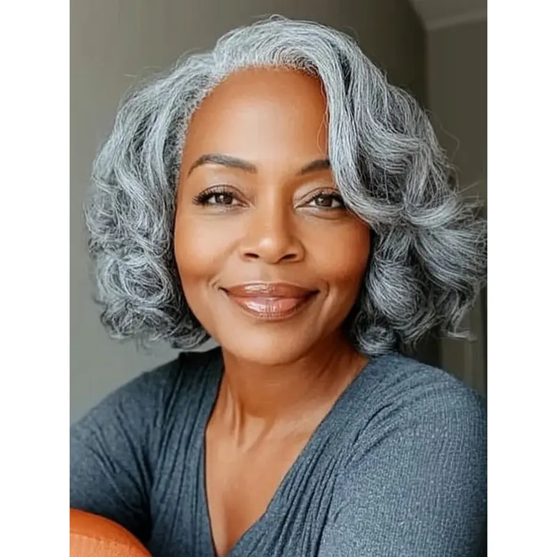 Gray Human Hair Wigs For African American Bobs Chin Length Wavy Wigs