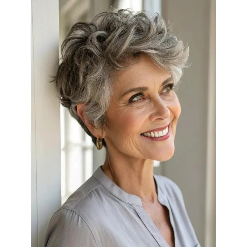 Older Ladies Pixie Cut Grey Hair Wig 4" Wavy Cropped Synthetic Wigs