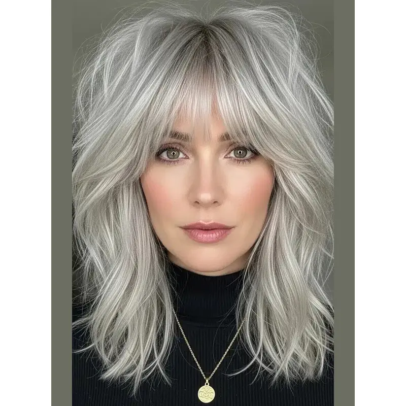 Long Bob Grey Wig With Bangs Lace Front Shoulder Length Wigs