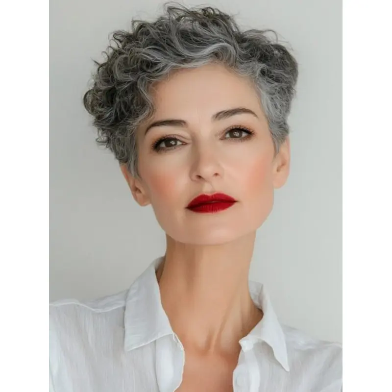 Real Hair Wigs Grey Boycuts Lace Front Cropped Curly Wigs